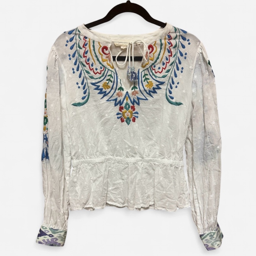 Anthropologie Forever That Girl White Peasant Blouse with Colorful Embroidery